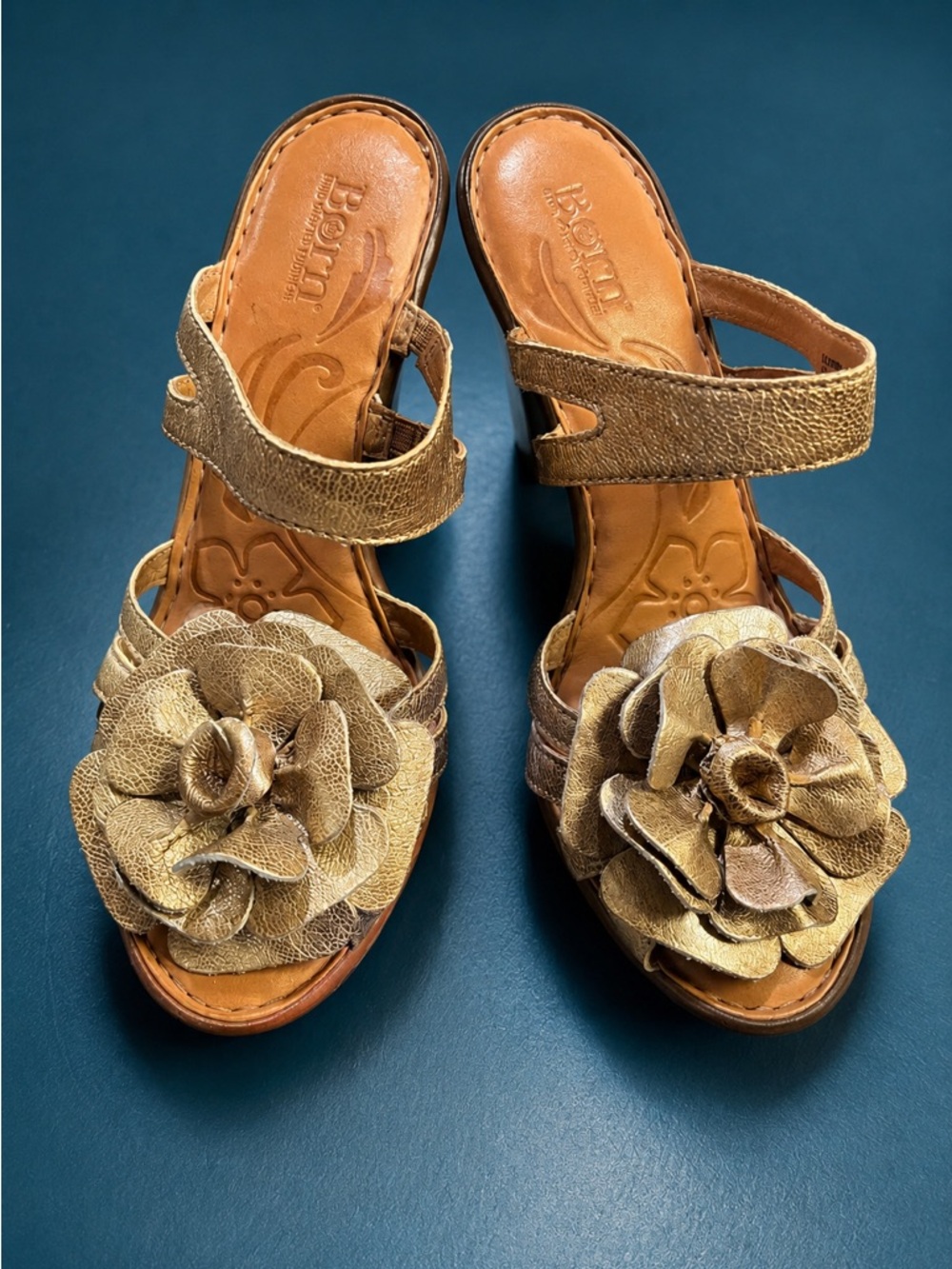 Born Metallic Gold Floral Leather 4” Heels